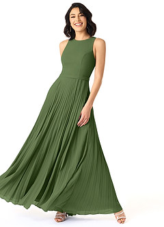 Azazie Lindie Bridesmaid Dresses Olive A-Line Scoop Pleated Chiffon Dress image3
