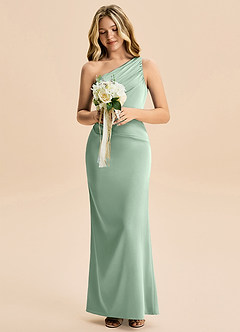 Azazie Akilah Junior Agave Sheath Pleated Stretch Satin Dress image4