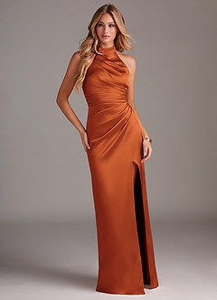 Azazie Jemma Bridesmaid Dresses Cinnamon Sheath Pleated Stretch Satin Dress image3