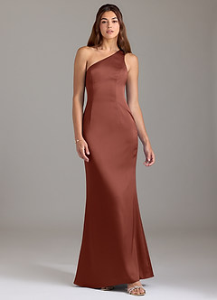 Azazie Arleth Bridesmaid Dresses Auburn A-Line One Shoulder Stretch Satin Dress image1