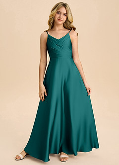 Azazie Bug Junior Peacock A-Line Pleated Stretch Satin Dress image5