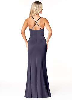Azazie Marzia Robes de demoiselle d'honneur Robe Fourreau en Satin extensible Col bénitier plissé Bleu Orageux image2