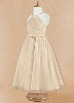 Azazie Honey Flower Girl Dresses Champagne A-Line Beaded Matte Satin Dress image8