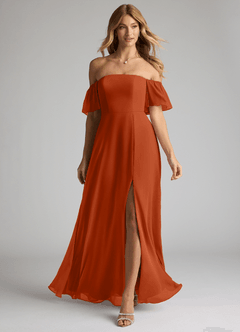 Azazie Sue Bridesmaid Dresses Burnt Orange A-Line Off the Shoulder Chiffon Convertible Dress image1