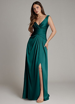 Azazie Pauline Final Sale Peacock A-Line Pleated Stretch Satin Dress image5