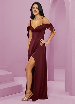 Barbie ♥ Azazie Bridesmaid Dresses Cabernet A-Line Off the Shoulder Stretch Satin Dress image3