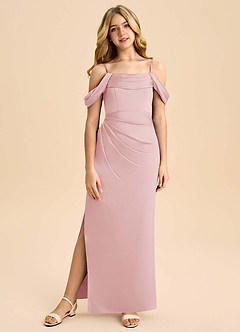 Azazie Saige Junior Abito Tubino in Raso Elasticizzato a Spalla Scoperta Rosa Cipria image3