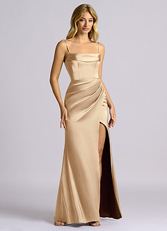 Azazie Auden Bridesmaid Dresses Champagne Sheath Off the Shoulder Stretch Satin Convertible Dress image3
