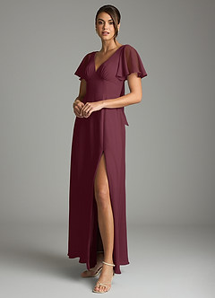 Azazie Kimber Bridesmaid Dresses Cabernet A-Line Flounce Sleeve Chiffon Dress image4