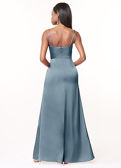 Azazie Maci Brautjungfernkleider A-Linie V-Hals Gefaltet Stretch-Satin Kleid Staubblau image2