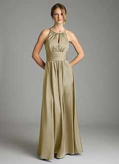 Azazie Bonnie Bridesmaid Dresses Moss Green A-Line Pleated Stretch Satin Dress image3