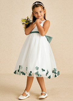 Azazie Dot Flower Girl Dresses Ivory Eucalyptus A-Line Bow Tulle Dress image4