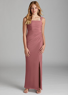 Azazie Jesaphine Junior Vestido de Rosa Del Desierto de Malla de Recto con Plisado image3