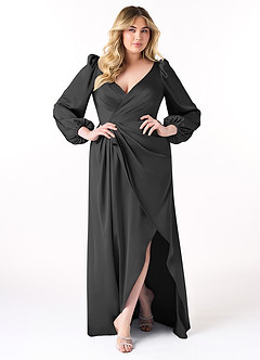 Azazie Mel Bridesmaid Dresses Black Sheath Long Sleeve Stretch Satin Dress image7