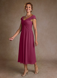 Azazie Mirta Mother of the Bride Dresses Mulberry A-Line Pleated Floral Burnout Dress image4