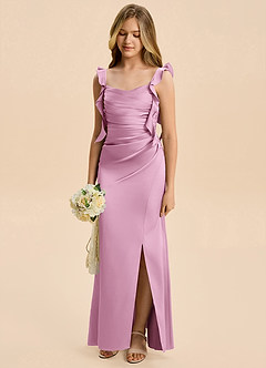 Azazie Jessamine Junior Candy Pink Sheath Ruched Stretch Satin Dress image6