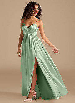 Azazie Alia Abiti da Damigella Abito A-Line in Raso Metallizzato Plissettato Matcha image2