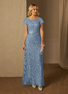 Azazie Dorit Dusty Blue Sheath Scoop Lace Dress Ready to Ship | Azazie