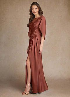 Azazie Hera Mother of the Bride Dresses Auburn A-Line Lace Stretch Satin Dress image2