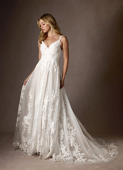 Azazie Delaina Vestidos de novia Vestido de Blanco Diamante Arena de Tul de Corte en A con Lentejuelas cuello pico image2