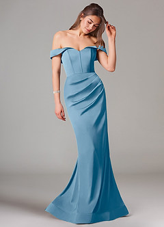 Azazie Everly Jurken voor bruidsmeisjes Converteerbaar Jurk van Stretch Satijn met Zeemeermin Off the Shoulder Staal Blauw image6