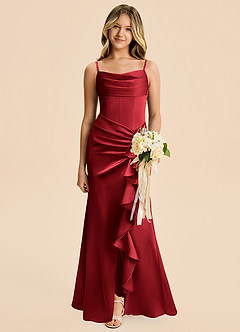 Azazie Rosalia Junior Scarlet Sheath Pleated Stretch Satin Dress image1
