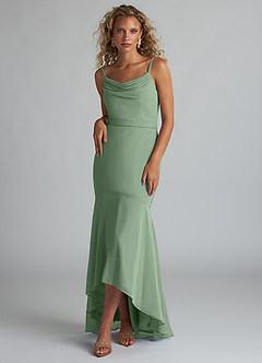 Azazie Summer Bridesmaid Dresses Matcha Mermaid Scoop Cowl Chiffon Dress image1