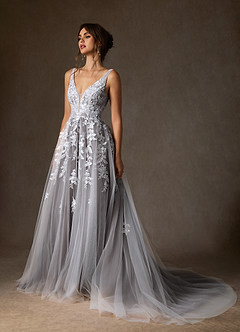 Azazie Sorella Wedding Dresses Diamond White Cocoa A-Line V-Neck Sequins Tulle Dress image5