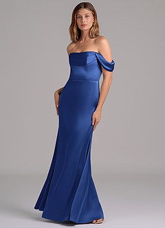 Azazie Miley 신부 들러리 드레스 인어 오프 더 숄더 스트레치 새틴 바닥 길이 드레스 image5