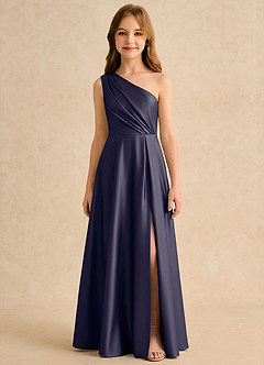 Azazie Puddles Girls Formal Robe Demoiselle D'honneur Fillette Robe Trapèze en Satin extensible Une épaule Bleu Orageux image6
