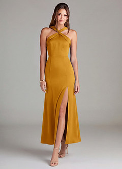 Azazie Rue Butterscotch Stretch Satin Bridesmaid Dresses | Azazie