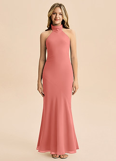Azazie Velli Junior Meerjungfrau-Linie Hoher Kragen Chiffon Kleid Lachsrosa image3