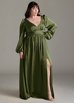Azazie Norah Bridesmaid Dresses Olive A-Line Stretch Satin Dress image9