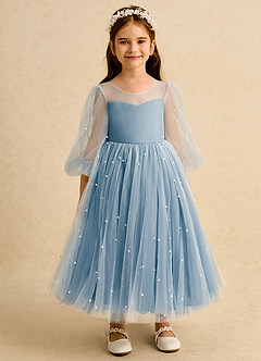 Azazie Trudy Flower Girl Dresses Steel Blue Ball-Gown Sweetheart Neckline Tulle Dress image6