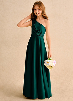 Azazie Puddles Girls Formal vestidos de niña de las flores Vestido de Pino de Satin Mate de Corte en A con Hombro unilateral image6