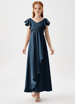 Azazie Omari Junior Vestido Azul Marino Oscuro de Satén Elástico de Corte en A con Plisado image5