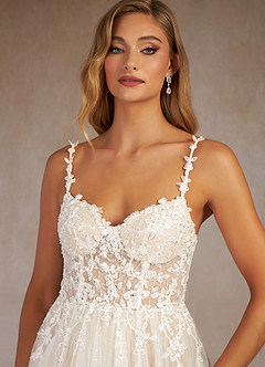 Azazie Florian Probar vestidos en casa Vestido de Blanco Diamante Champán de Tul de Acampanado con Lentejuelas cuello pico image6