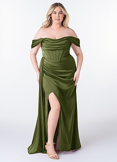 Azazie Amyra Bridesmaid Dresses Olive Sheath Off the Shoulder Stretch Satin Convertible Dress image10