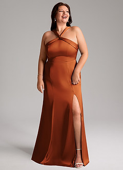 Azazie Rue Bridesmaid Dresses Cinnamon A-Line Pleated Stretch Satin Dress image11