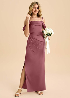 Azazie Saige Junior Desert Rose Sheath Off the Shoulder Stretch Satin Dress image1