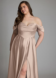 Azazie Loisa Robes de demoiselle d'honneur Robe Trapèze en Satin extensible Épaules dénudées Rose Anglais image15