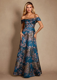 Azazie Marceline Mother of the Bride Dresses Teal Floral A-Line Off the Shoulder Jacquard Dress image2