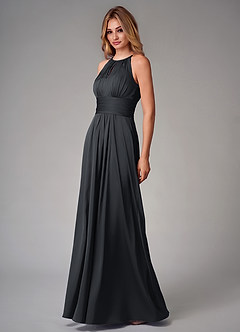 Azazie Bonnie Vestidos de damas de honor Vestido de Negro de Satén Elástico de Corte en A con Plisado image3