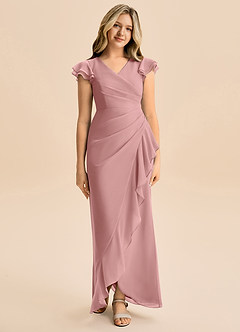 Azazie Julie Junior Vestido de Rosa Polvorienta de Gasa de Corte Sirena con Volante image4