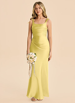 Azazie Agustina Junior Canary Sheath Pleated Stretch Satin Dress image4