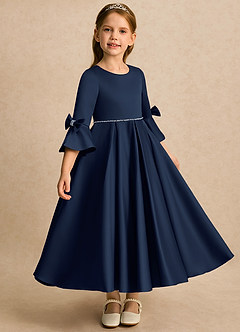 Azazie Eliza Flower Girl Dresses Dark Navy A-Line Pleated Matte Satin Dress image1