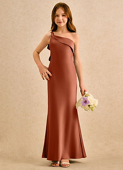 Azazie Almond Girls Formal Robe Demoiselle D'honneur Fillette Robe Fourreau en Satin extensible Une épaule Rose De Cèdre image4