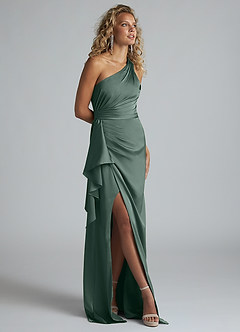 Azazie Maive Bridesmaid Dresses Sea Moss Sheath Ruched Stretch Satin Dress image2