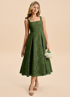 Azazie Amalie Junior Olive A-Line Ruched Floral Burnout Dress image7