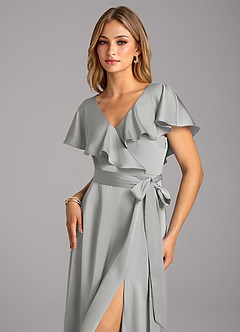 Azazie Lainey Bridesmaid Dresses Silver A-Line with Pockets Stretch Satin Dress image6